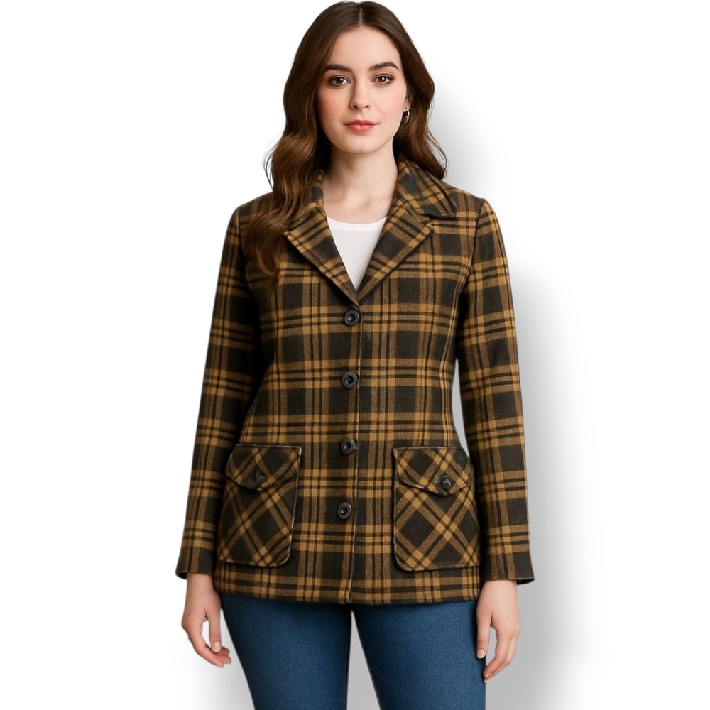 Highland Queen Vintage 100% Wool Plaid Blazer — Brown Tan Check